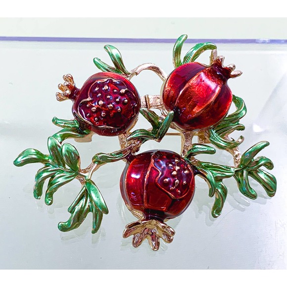 Unique Pomegranate Brooch/Pin - Shiny Deep Red and Metallic Green Enamel - Picture 2 of 4